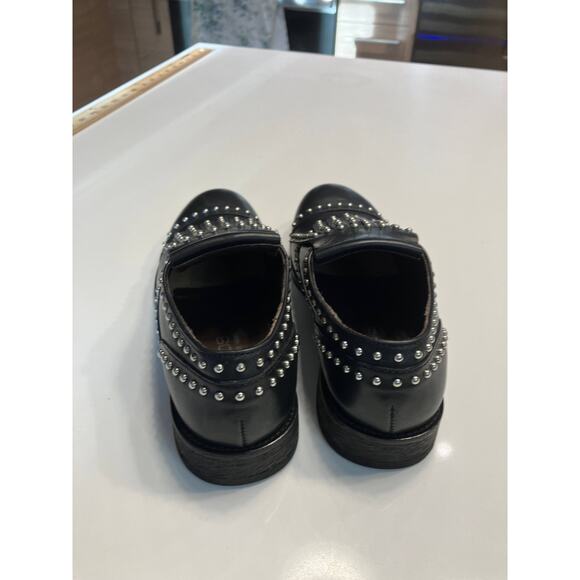 BOEMOS Black Silver Leather Studded Fringe Wingtip Slip On Loafers Size 36 - Picture 10 of 13